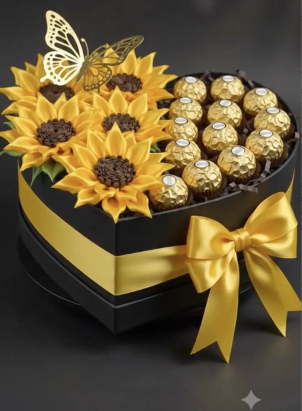 Heart-shaped black gift box with yellow satin sunflowers and gold-wrapped chocolates, finished with a yellow ribbon bow.