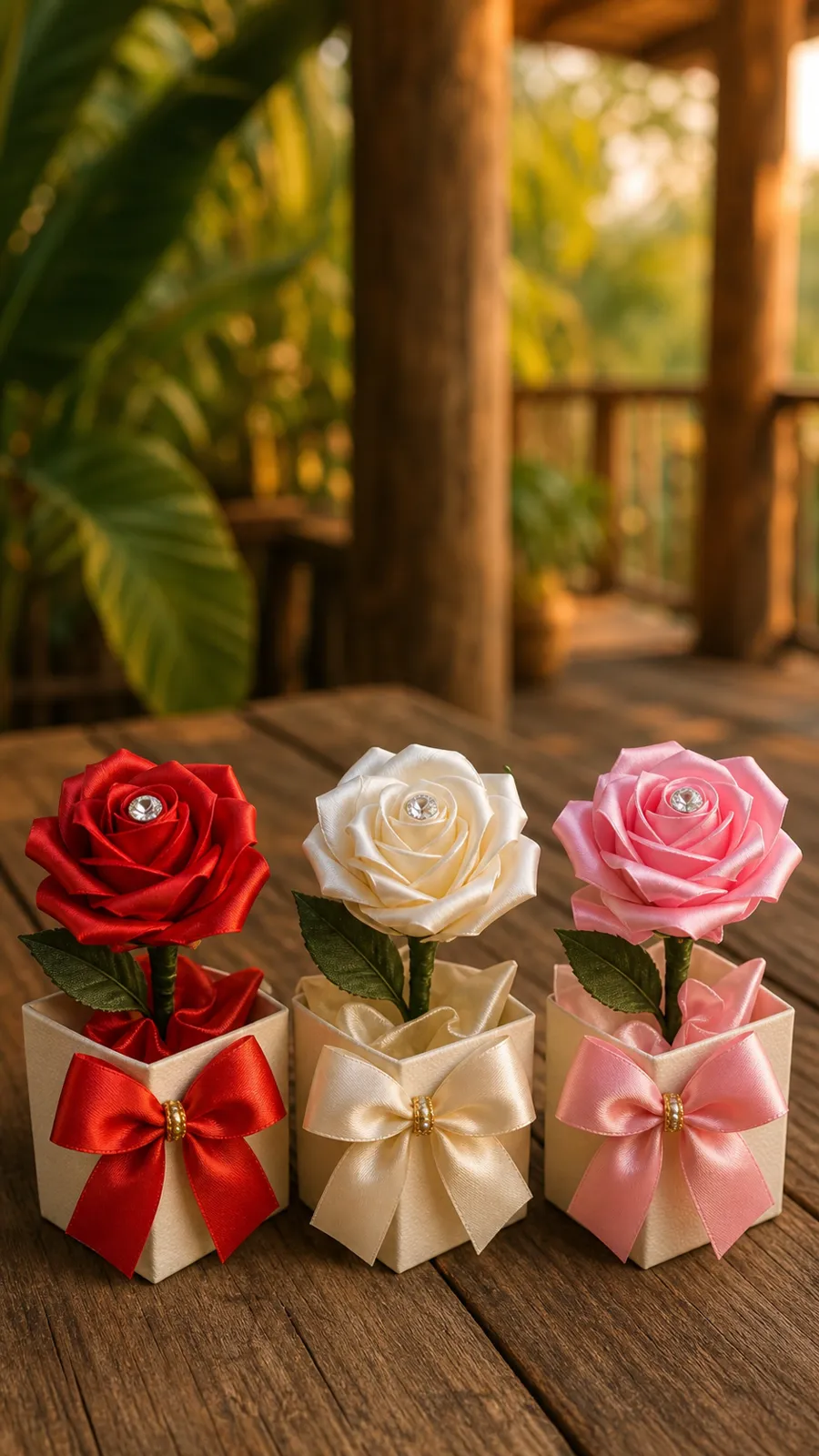 Three satin ribbon roses in red, ivory, and pink, each presented in a small cream gift box with a matching bow.