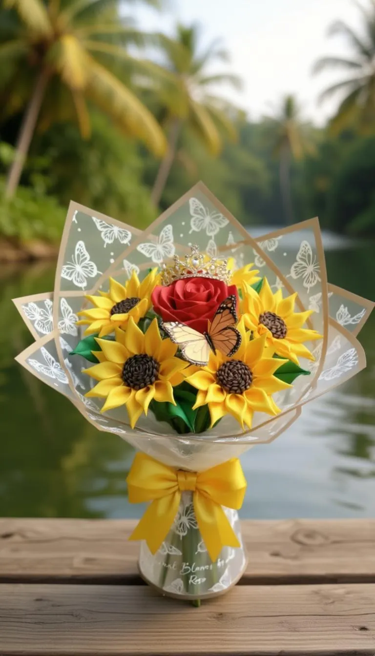 Handmade satin bouquet of yellow sunflowers and a red rose wrapped in butterfly-print cellophane with a yellow bow.