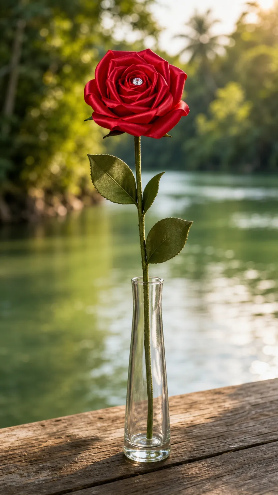 Single red satin-ribbon rose with green leaves in a slim glass vase on a wooden dock by the water.