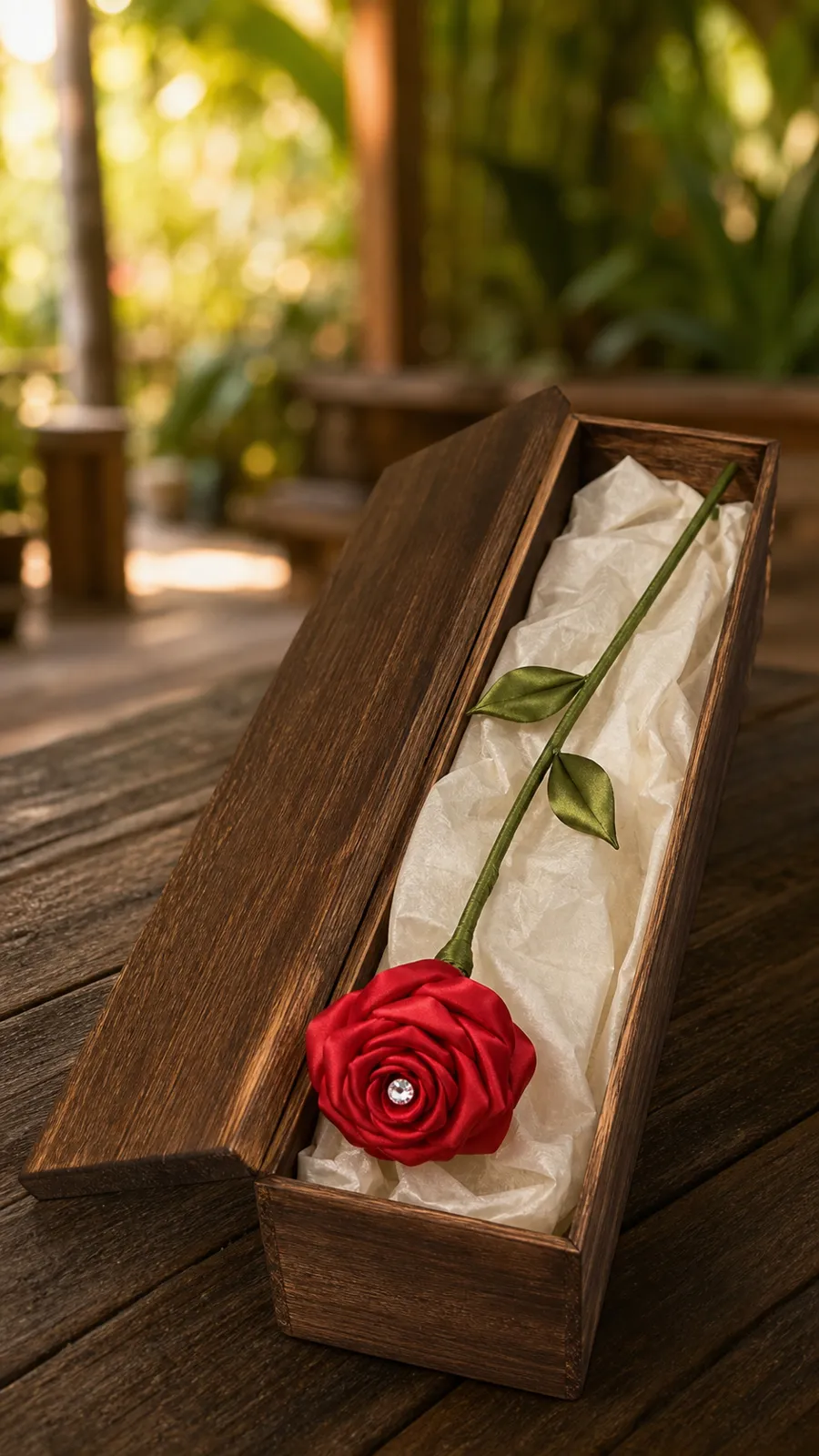 A single red satin-rosette rose with green ribbon stem and a crystal center presented in a rustic wooden gift box on tissue.