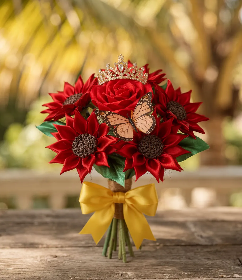 Hand-tied bouquet of red satin rose and sunflower-style blossoms with green leaves, yellow ribbon, a small crown and a butterfly accent.
