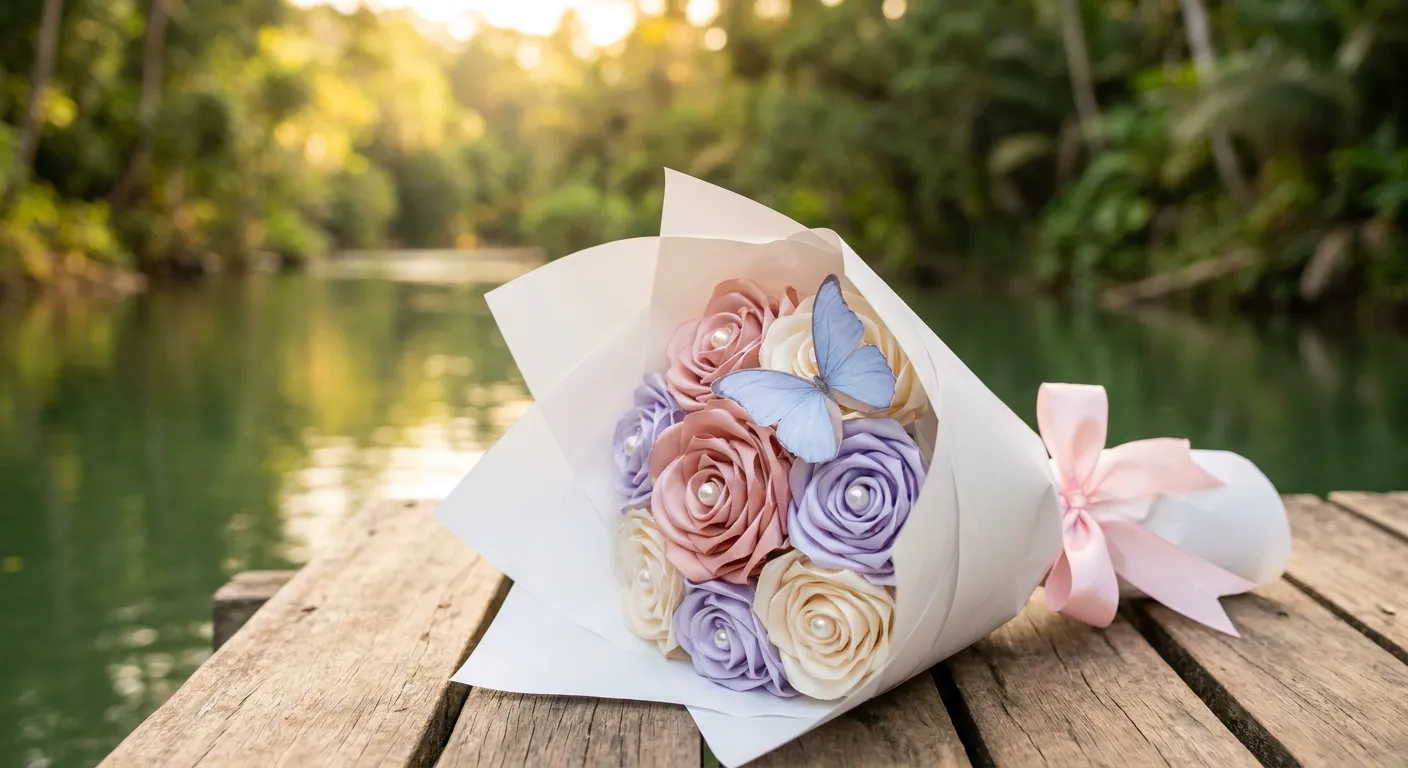 Pastel satin-ribbon roses in a white paper wrap tied with a pink bow, photographed on a wooden dock by the water.
