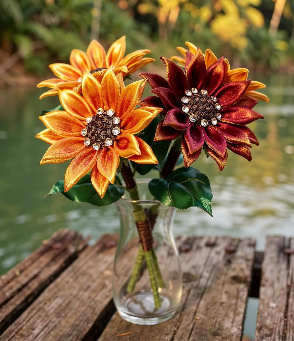 Three satin-ribbon sunflowers in warm orange and burgundy arranged in a clear glass vase.