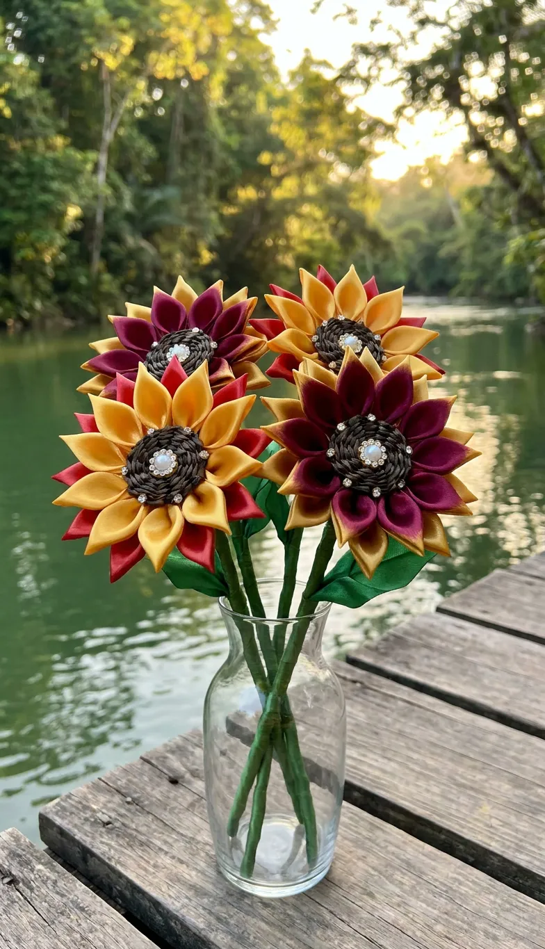 Handmade satin-ribbon sunflowers in warm yellow and burgundy arranged in a clear glass vase on a wooden dock by the water.