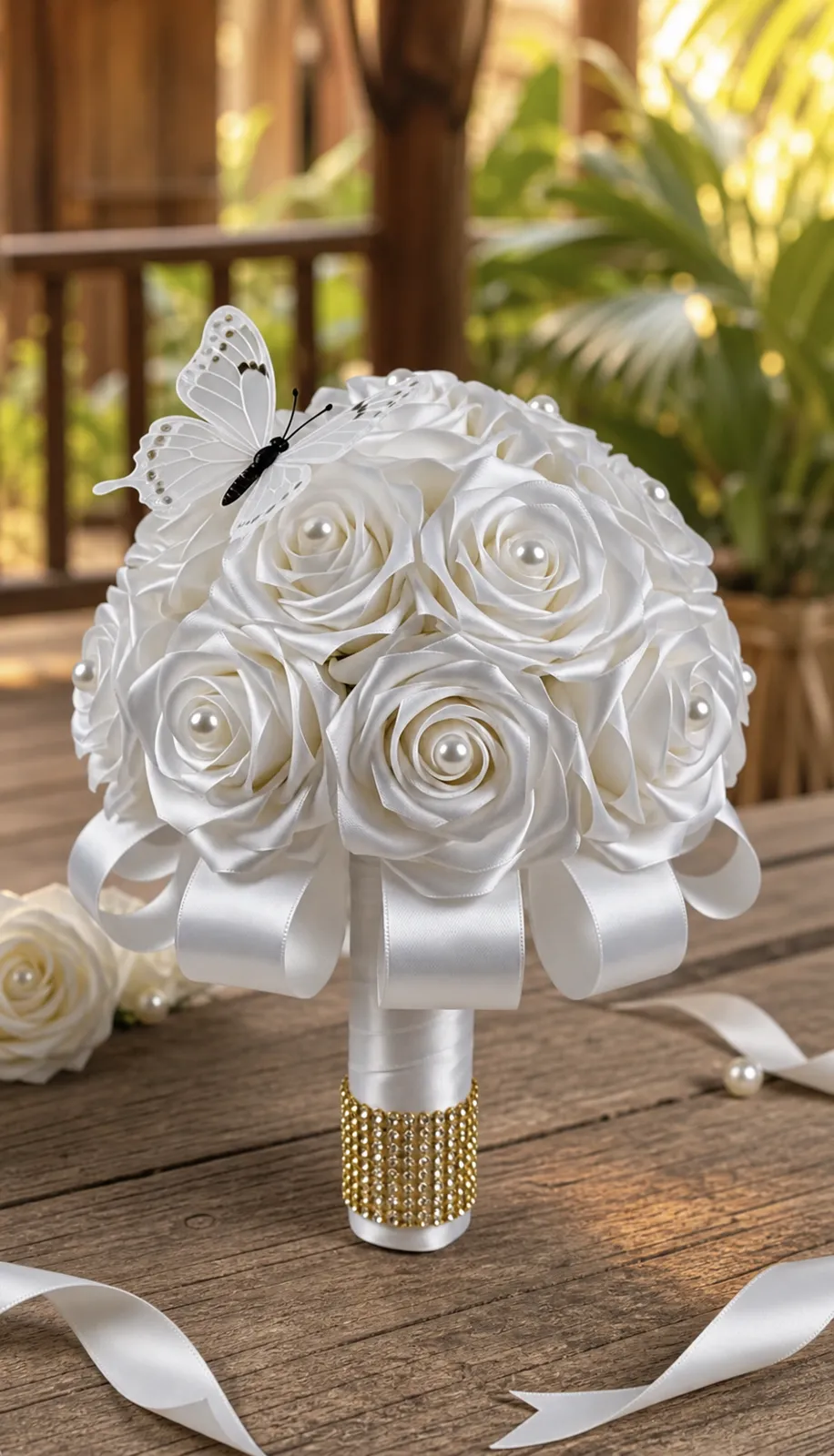 Handheld white satin-rose bouquet with pearl centers, gold beaded handle and decorative butterfly.