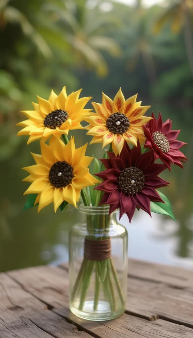 Handmade satin-ribbon sunflowers in yellow and burgundy arranged in a glass jar.
